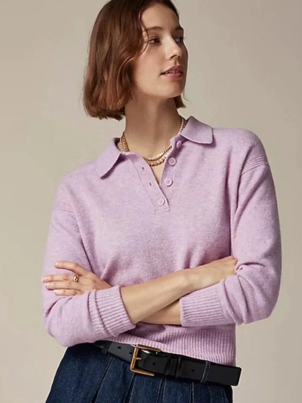 J.Crew Relaxed Sweater-Polo Wool/Alpaca Blend Heather Lavander Size XL Worn Once